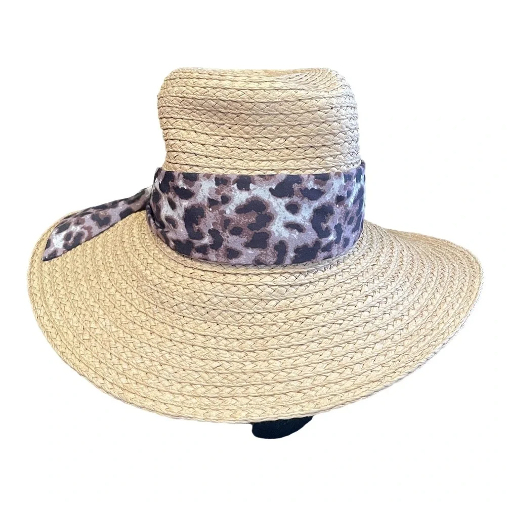 Vince Camuto Womens O/S Straw Sun Hat Tan Leopard Print Scarf‎ Wide Brim Beach